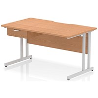 Impulse 1400mm Scalloped Edge Rectangular Desk, Silver Cantilever Legs, Oak, With 1 x 1 Drawer Fixed Pedestal