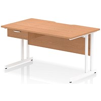 Impulse 1400mm Scalloped Edge Rectangular Desk, White Cantilever Legs, Oak, With 1 x 1 Drawer Fixed Pedestal