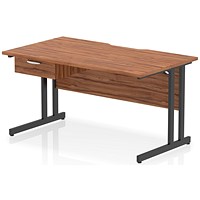 Impulse 1400mm Scalloped Edge Rectangular Desk, Black Cantilever Legs, Walnut, With 1 x 1 Drawer Fixed Pedestal