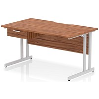 Impulse 1400mm Scalloped Edge Rectangular Desk, Silver Cantilever Legs, Walnut, With 1 x 1 Drawer Fixed Pedestal