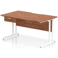 Impulse 1400mm Scalloped Edge Rectangular Desk, White Cantilever Legs, Walnut, With 1 x 1 Drawer Fixed Pedestal