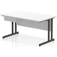 Impulse 1400mm Scalloped Edge Rectangular Desk, Black Cantilever Legs, White, With 1 x 1 Drawer Fixed Pedestal