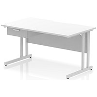 Impulse 1400mm Scalloped Edge Rectangular Desk, Silver Cantilever Legs, White, With 1 x 1 Drawer Fixed Pedestal