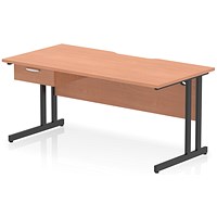 Impulse 1600mm Scalloped Edge Rectangular Desk, Black Cantilever Legs, Beech, With 1 x 1 Drawer Fixed Pedestal