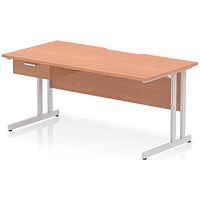 Impulse 1600mm Scalloped Edge Rectangular Desk, Silver Cantilever Legs, Beech, With 1 x 1 Drawer Fixed Pedestal