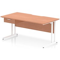 Impulse 1600mm Scalloped Edge Rectangular Desk, White Cantilever Legs, Beech, With 1 x 1 Drawer Fixed Pedestal