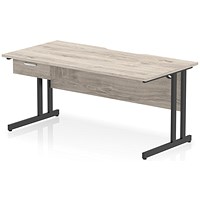 Impulse 1600mm Scalloped Edge Rectangular Desk, Black Cantilever Legs, Grey Oak, With 1 x 1 Drawer Fixed Pedestal