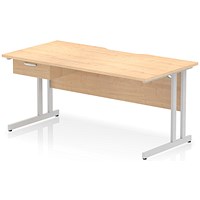 Impulse 1600mm Scalloped Edge Rectangular Desk, Silver Cantilever Legs, Maple, With 1 x 1 Drawer Fixed Pedestal