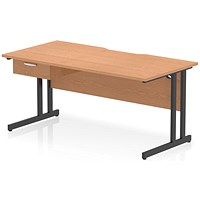 Impulse 1600mm Scalloped Edge Rectangular Desk, Black Cantilever Legs, Oak, With 1 x 1 Drawer Fixed Pedestal