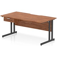 Impulse 1600mm Scalloped Edge Rectangular Desk, Black Cantilever Legs, Walnut, With 1 x 1 Drawer Fixed Pedestal