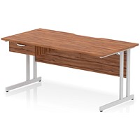 Impulse 1600mm Scalloped Edge Rectangular Desk, Silver Cantilever Legs, Walnut, With 1 x 1 Drawer Fixed Pedestal