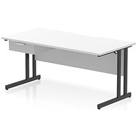 Impulse 1600mm Scalloped Edge Rectangular Desk, Black Cantilever Legs, White, With 1 x 1 Drawer Fixed Pedestal