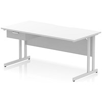 Impulse 1600mm Scalloped Edge Rectangular Desk, Silver Cantilever Legs, White, With 1 x 1 Drawer Fixed Pedestal