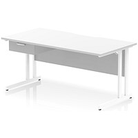 Impulse 1600mm Scalloped Edge Rectangular Desk, White Cantilever Legs, White, With 1 x 1 Drawer Fixed Pedestal