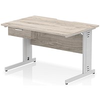 Impulse 1200mm Scalloped Edge Rectangular Desk, Silver Cable Managed Legs, Grey Oak, With 1 x 1 Drawer Fixed Pedestal