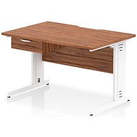 Impulse 1200mm Scalloped Edge Rectangular Desk, White Cable Managed Legs, Walnut, With 1 x 1 Drawer Fixed Pedestal