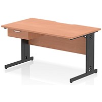 Impulse 1400mm Scalloped Edge Rectangular Desk, Black Cable Managed Legs, Beech, With 1 x 1 Drawer Fixed Pedestal