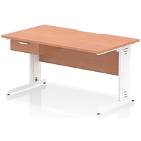 Impulse 1400mm Scalloped Edge Rectangular Desk, White Cable Managed Legs, Beech, With 1 x 1 Drawer Fixed Pedestal