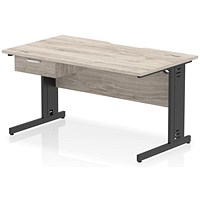 Impulse 1400mm Scalloped Edge Rectangular Desk, Black Cable Managed Legs, Grey Oak, With 1 x 1 Drawer Fixed Pedestal