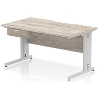 Impulse 1400mm Scalloped Edge Rectangular Desk, Silver Cable Managed Legs, Grey Oak, With 1 x 1 Drawer Fixed Pedestal