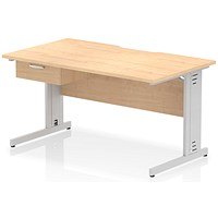 Impulse 1400mm Scalloped Edge Rectangular Desk, Silver Cable Managed Legs, Maple, With 1 x 1 Drawer Fixed Pedestal