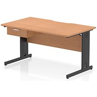 Impulse 1400mm Scalloped Edge Rectangular Desk, Black Cable Managed Legs, Oak, With 1 x 1 Drawer Fixed Pedestal