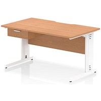 Impulse 1400mm Scalloped Edge Rectangular Desk, White Cable Managed Legs, Oak, With 1 x 1 Drawer Fixed Pedestal