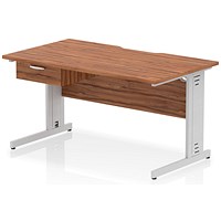 Impulse 1400mm Scalloped Edge Rectangular Desk, Silver Cable Managed Legs, Walnut, With 1 x 1 Drawer Fixed Pedestal