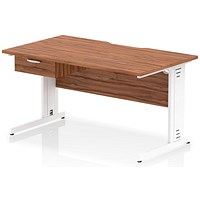 Impulse 1400mm Scalloped Edge Rectangular Desk, White Cable Managed Legs, Walnut, With 1 x 1 Drawer Fixed Pedestal