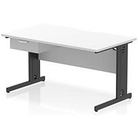 Impulse 1400mm Scalloped Edge Rectangular Desk, Black Cable Managed Legs, White, With 1 x 1 Drawer Fixed Pedestal