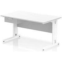 Impulse 1400mm Scalloped Edge Rectangular Desk, White Cable Managed Legs, White, With 1 x 1 Drawer Fixed Pedestal