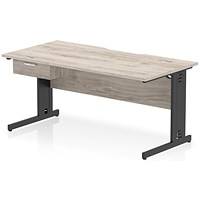 Impulse 1600mm Scalloped Edge Rectangular Desk, Black Cable Managed Legs, Grey Oak, With 1 x 1 Drawer Fixed Pedestal