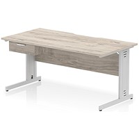 Impulse 1600mm Scalloped Edge Rectangular Desk, Silver Cable Managed Legs, Grey Oak, With 1 x 1 Drawer Fixed Pedestal