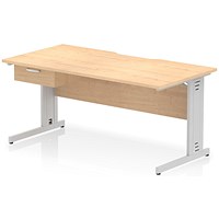 Impulse 1600mm Scalloped Edge Rectangular Desk, Silver Cable Managed Legs, Maple, With 1 x 1 Drawer Fixed Pedestal