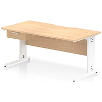 Impulse 1600mm Scalloped Edge Rectangular Desk, White Cable Managed Legs, Maple, With 1 x 1 Drawer Fixed Pedestal