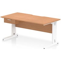 Impulse 1600mm Scalloped Edge Rectangular Desk, White Cable Managed Legs, Oak, With 1 x 1 Drawer Fixed Pedestal