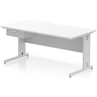 Impulse 1600mm Scalloped Edge Rectangular Desk, Silver Cable Managed Legs, White, With 1 x 1 Drawer Fixed Pedestal