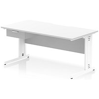 Impulse 1600mm Scalloped Edge Rectangular Desk, White Cable Managed Legs, White, With 1 x 1 Drawer Fixed Pedestal