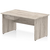 Impulse 1400mm Scalloped Edge Rectangular Desk, Panel End Legs, Grey Oak With 1 x 1 Drawer Fixed Pedestal