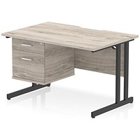 Impulse 1200mm Scalloped Edge Rectangular Desk, Black Cantilever Legs, Grey Oak, With 1 x 2 Drawer Fixed Pedestal