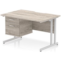 Impulse 1200mm Scalloped Edge Rectangular Desk, Silver Cantilever Legs, Grey Oak, With 1 x 2 Drawer Fixed Pedestal