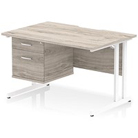 Impulse 1200mm Scalloped Edge Rectangular Desk, White Cantilever Legs, Grey Oak, With 1 x 2 Drawer Fixed Pedestal