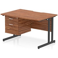 Impulse 1200mm Scalloped Edge Rectangular Desk, Black Cantilever Legs, Walnut, With 1 x 2 Drawer Fixed Pedestal