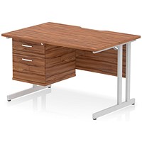 Impulse 1200mm Scalloped Edge Rectangular Desk, Silver Cantilever Legs, Walnut, With 1 x 2 Drawer Fixed Pedestal