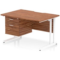 Impulse 1200mm Scalloped Edge Rectangular Desk, White Cantilever Legs, Walnut, With 1 x 2 Drawer Fixed Pedestal