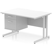 Impulse 1200mm Scalloped Edge Rectangular Desk, Silver Cantilever Legs, White, With 1 x 2 Drawer Fixed Pedestal