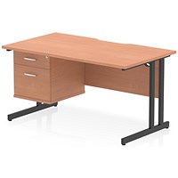 Impulse 1400mm Scalloped Edge Rectangular Desk, Black Cantilever Legs, Beech, With 1 x 2 Drawer Fixed Pedestal