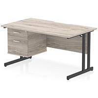 Impulse 1400mm Scalloped Edge Rectangular Desk, Black Cantilever Legs, Grey Oak, With 1 x 2 Drawer Fixed Pedestal