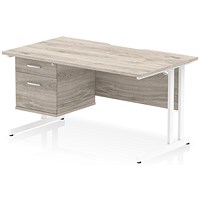 Impulse 1400mm Scalloped Edge Rectangular Desk, White Cantilever Legs, Grey Oak, With 1 x 2 Drawer Fixed Pedestal