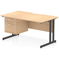 Impulse 1400mm Scalloped Edge Rectangular Desk, Black Cantilever Legs, Maple, With 1 x 2 Drawer Fixed Pedestal